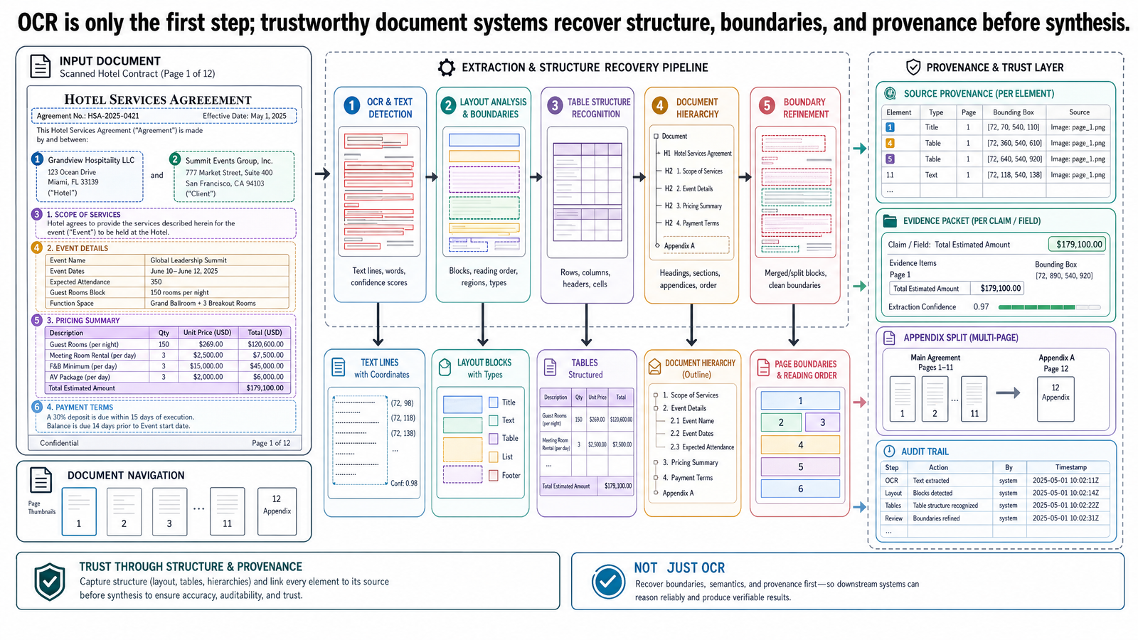 Synthetic hotel contract page annotated with layout boxes, table headers, appendix split, and provenance links.