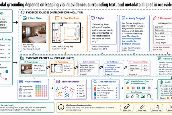 Annotated evidence panel linking hotel photo, floor-plan crop, caption, nearby paragraph, and measurement snippet.