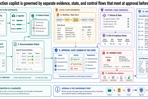 Governed workflow console with trip file, recommendation artifact, approval gate, payment hold, and audit trace.