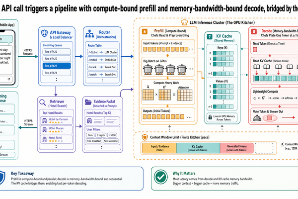Hotel-search query routed from a phone through a server cluster into a GPU kitchen where chefs read tokens, plate a response, and stream it back.