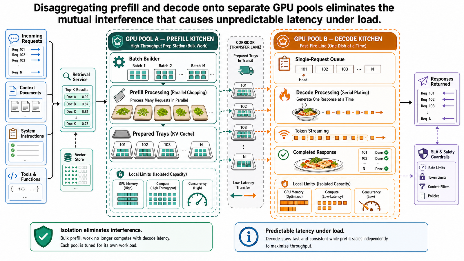 Two GPU kitchens side by side: a high-throughput prep station doing bulk chopping and a fast-fire line plating one dish at a time, exchanging prepared trays through a corridor.