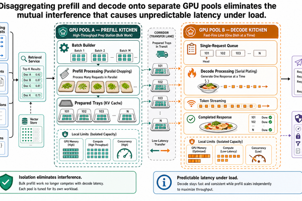Two GPU kitchens side by side: a high-throughput prep station doing bulk chopping and a fast-fire line plating one dish at a time, exchanging prepared trays through a corridor.