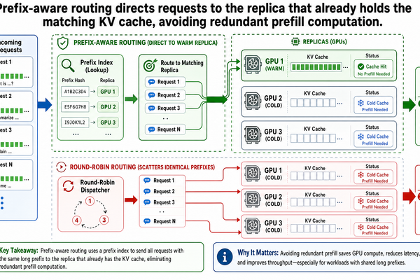 Traffic dispatcher sends requests sharing the same long prompt prefix to one GPU that already remembers it, while a round-robin lane scatters identical prefixes to cold GPUs.